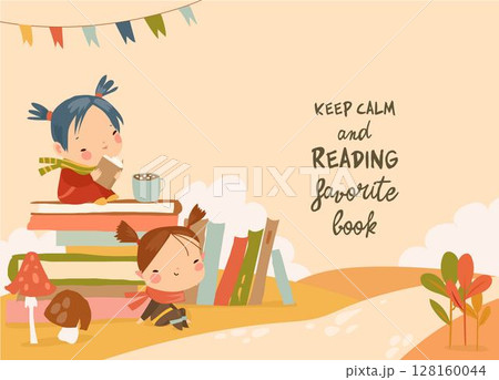 Cute Girl sitting on Stack of Book in Autumn Park 128160044