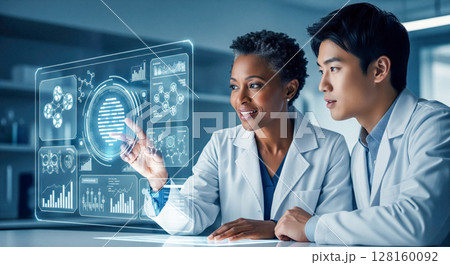 Team of scientists working in laboratory with futuristic holographic screen, man and woman analyzing medical data on virtual interface with charts Team of scientists working in laboratory with futuristic holographic screen, man and woman analyzing medical data on virtual interface with charts 128160092