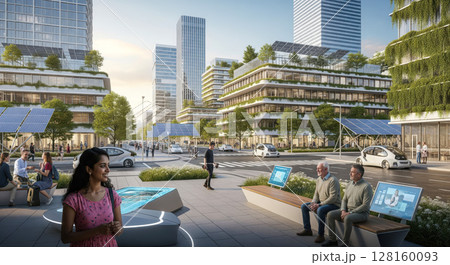People using smart technology in futuristic green city, sustainable urban environment with solar panels, autonomous cars and modern eco-friendly architecture People using smart technology in futuristic green city, sustainable urban environment with solar panels, autonomous cars and modern eco-friendly architecture 128160093
