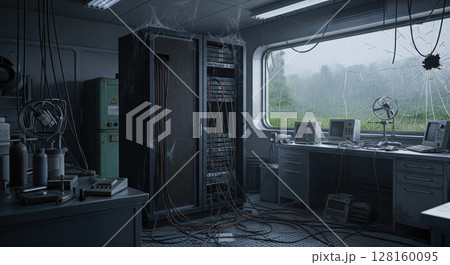 Interior of abandoned research station with old computer equipment and server rack covered in cobwebs, view of rain through broken window Interior of abandoned research station with old computer equipment and server rack covered in cobwebs, view of rain through broken window 128160095