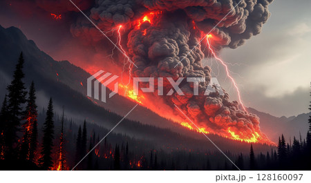 Apocalyptic volcanic eruption with massive smoke plume, lightning, and fire in forest, dramatic natural disaster landscape with burning mountain Apocalyptic volcanic eruption with massive smoke plume, lightning, and fire in forest, dramatic natural disaster landscape with burning mountain 128160097