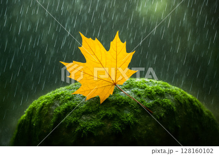 Dramatic autumn scene with single yellow maple leaf on mossy hill under heavy rain, moody fall background with vibrant color and dark atmosphere 128160102