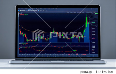 Laptop on desk displaying stock market trading chart, this financial concept is about important technical analysis and smart investment 128160106