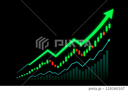Business growth chart with green arrow, candlesticks, and bars, this financial concept shows successful investment and deep market analysis 128160107