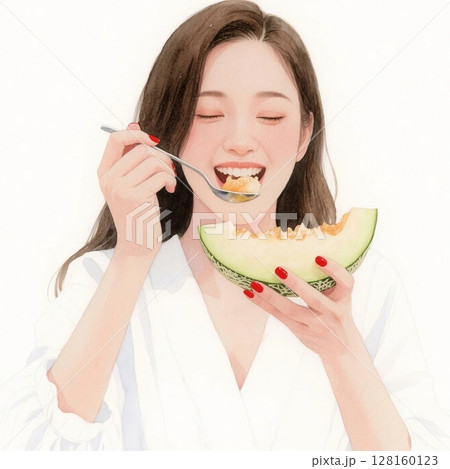 夏の暑い日に美味しそうにメロンを食べている女性の水彩画イラスト 128160123