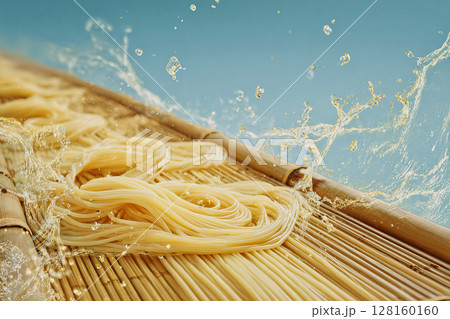 竹すのこの上に盛り付けられたそうめんと涼やかな水しぶき 竹すのこの上に盛り付けられたそうめんと涼やかな水しぶき 128160160