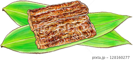 うなぎの蒲焼_2枚の交差する笹の葉に乗っている鰻の蒲焼 128160277