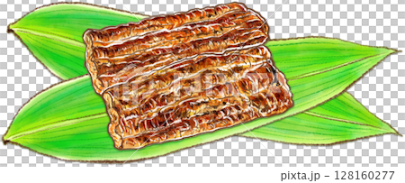 うなぎの蒲焼_2枚の交差する笹の葉に乗っている鰻の蒲焼 128160277