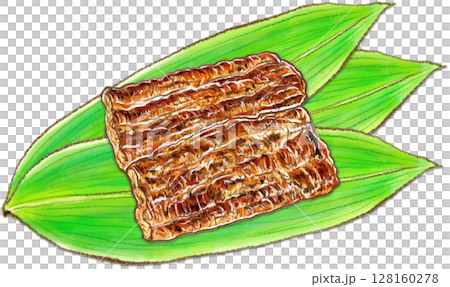 Grilled eel served on three bamboo leaves 128160278