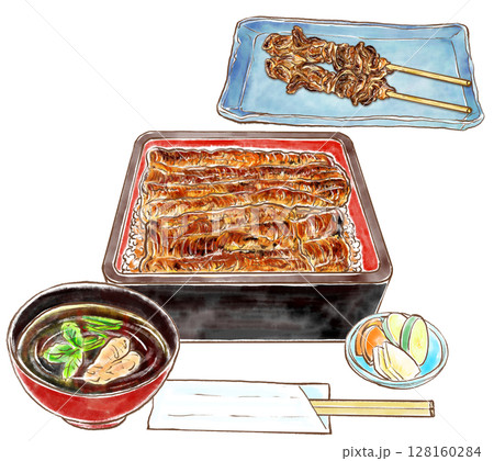 うなぎの蒲焼と肝吸いとうなぎの肝焼き2本とお新香 128160284