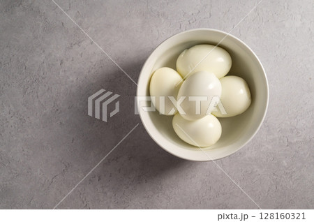Hard boiled eggs in a bowl, protein food, copy space Hard boiled eggs in a bowl, protein food, copy space 128160321