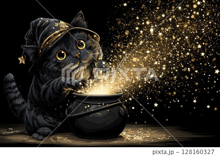 wizard cat with a tiny crescent moon hat stirring a cauldron full of stars, sparkles flying out like fireflies 128160327