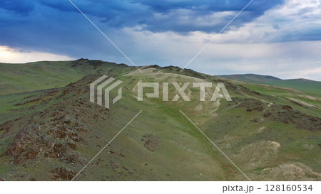 Aerial view of mountains at sunset in Mongolia 128160534