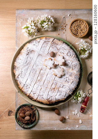 Powdered Cake Pastiera Napolitano with Spring Blossom Decoration Powdered Cake Pastiera Napolitano with Spring Blossom Decoration 128160600