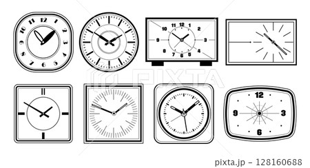 Set of clock outline. Vector round and square watch for table and wall. Desktop classic timepieces collection. Home interior design element or house decoration. Icon for timekeeping and punctuality. 128160688