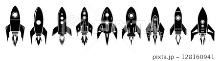 Set of Spaceships template flat and line icons on transparent background, flat design vector illustration, start-up concept 128160941