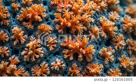 A close up of a coral reef with orange and blue coral. The coral is very detailed and has a lot of texture 128161005