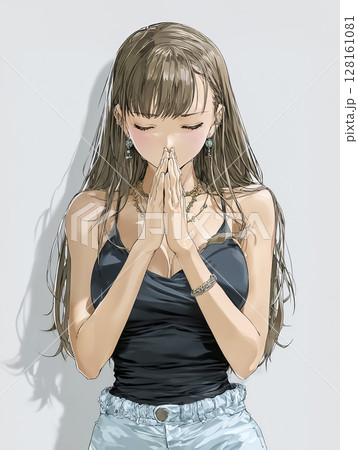 手を合わせて祈るビジネスウーマンのイラスト素材 128161081