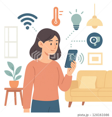 スマートホームを操作する若い女性 / Young Woman Controlling a Smart 128161086