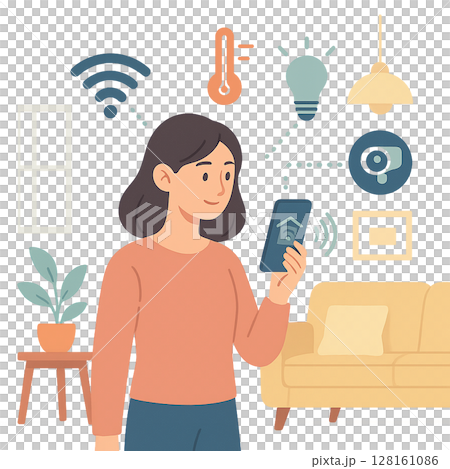 スマートホームを操作する若い女性 / Young Woman Controlling a Smart 128161086