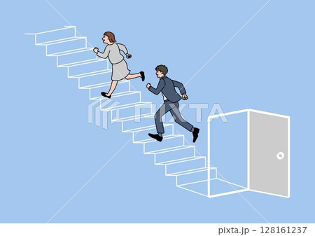 扉を開けて階段をかけあがる男女 扉を開けて階段をかけあがる男女 128161237