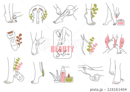 Feet and Pedicure Line Art Set. Vector Logo Elements for Beauty and Foot Care Branding 128161404