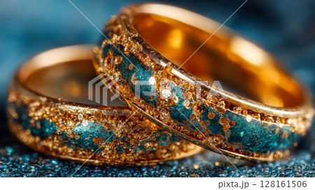 Close-up of two ornate golden wedding rings adorned with intricate patterns and sparkling gemstones, set against a shimmering blue background 128161506