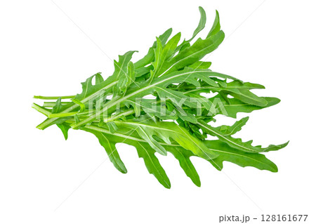 A fresh bunch of arugula leaves isolated on white background, showcasing their vibrant green color and distinct serrated shape ideal for salads and healthy dishes 128161677