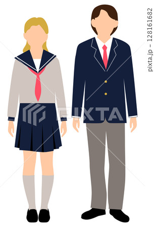 紺色と灰色の制服を着た男女学生 128161682
