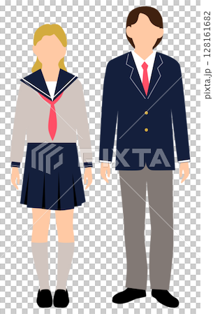 紺色と灰色の制服を着た男女学生 128161682