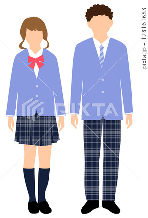 水色とチェック柄の制服を着た男女学生 水色とチェック柄の制服を着た男女学生 128161683