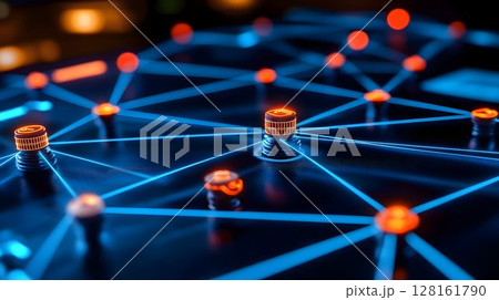 Glowing Network: Interconnected Nodes with Orange and Blue Light 128161790