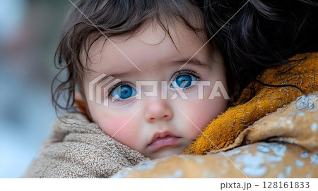 Baby with Striking Blue Eyes Nestled Close Baby with Striking Blue Eyes Nestled Close 128161833