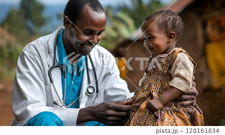 Smiling doctor examines a young African child in a rural setting Smiling doctor examines a young African child in a rural setting 128161834