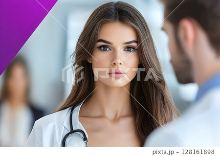 Serene Doctor with Long Brown Hair in a Modern Clinic 128161898
