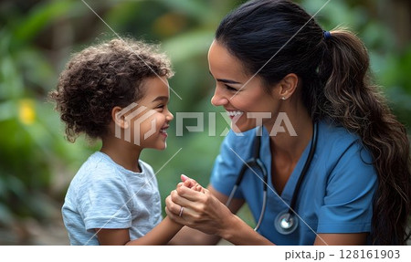 Smiling nurse holding hands with a young child in a comforting o 128161903