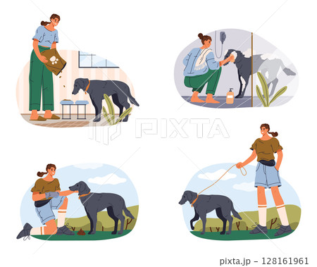 Set of pet care sign or dog caring activity vector clipart. Sign with pet grooming or bathing, doggy walking and feeding, canine poo cleaning. Domestic animal and owner do toilet, hygiene, walk, eat 128161961