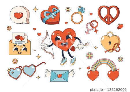 Set of romantic icons, vector stickers. Heart cupid character, rainbow, diamond ring and gift, letter, glasses, gender sign, pacific or hippie symbol. Valentines day holiday. Retro 60s style. Set of romantic icons, vector stickers. Heart cupid character, rainbow, diamond ring and gift, letter, glasses, gender sign, pacific or hippie symbol. Valentines day holiday. Retro 60s style. 128162003