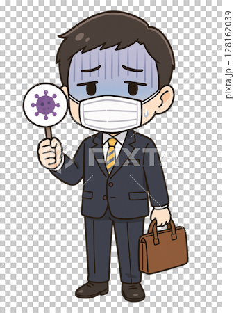 A male businessman wearing a mask holding a virus symbol 128162039