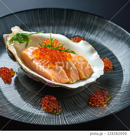 Exquisite Salmon Dish with Red Caviar 128162050