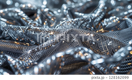 A silver fabric with a lot of small holes. The fabric is shiny and has a metallic look 128162099