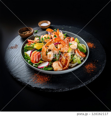 Colorful Seafood Salad on Rustic Platter 128162117