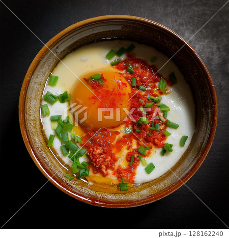 Vibrant Sunny Side Up Egg in Rustic Bowl 128162240