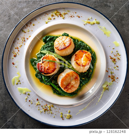Golden Scallops on Spinach Bed 128162248