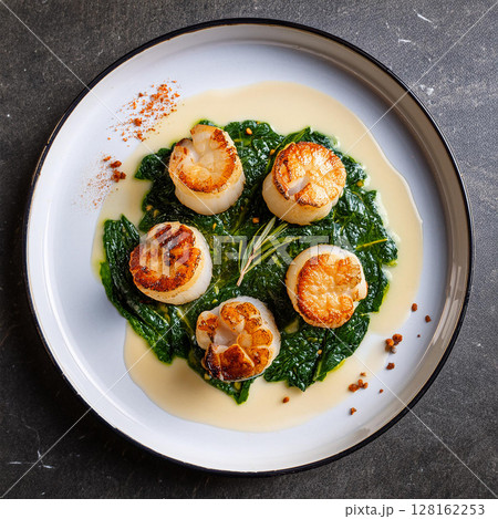 Golden Scallops on Spinach Bed 128162253
