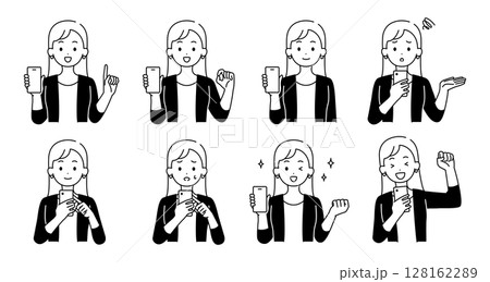 スマホを持つ女性のイラストセット スマホを持つ女性のイラストセット 128162289