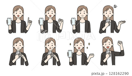 スマホを持つ女性のイラストセット スマホを持つ女性のイラストセット 128162290