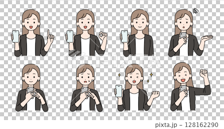 Illustration set of a woman holding a smartphone 128162290