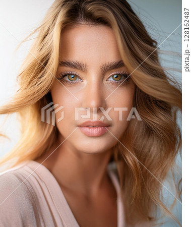 Serene Young Woman in Close Up Portrait 128162487