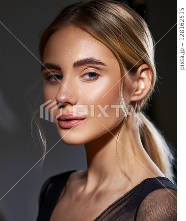 Serene Young Woman in Elegant Black Dress Serene Young Woman in Elegant Black Dress 128162515